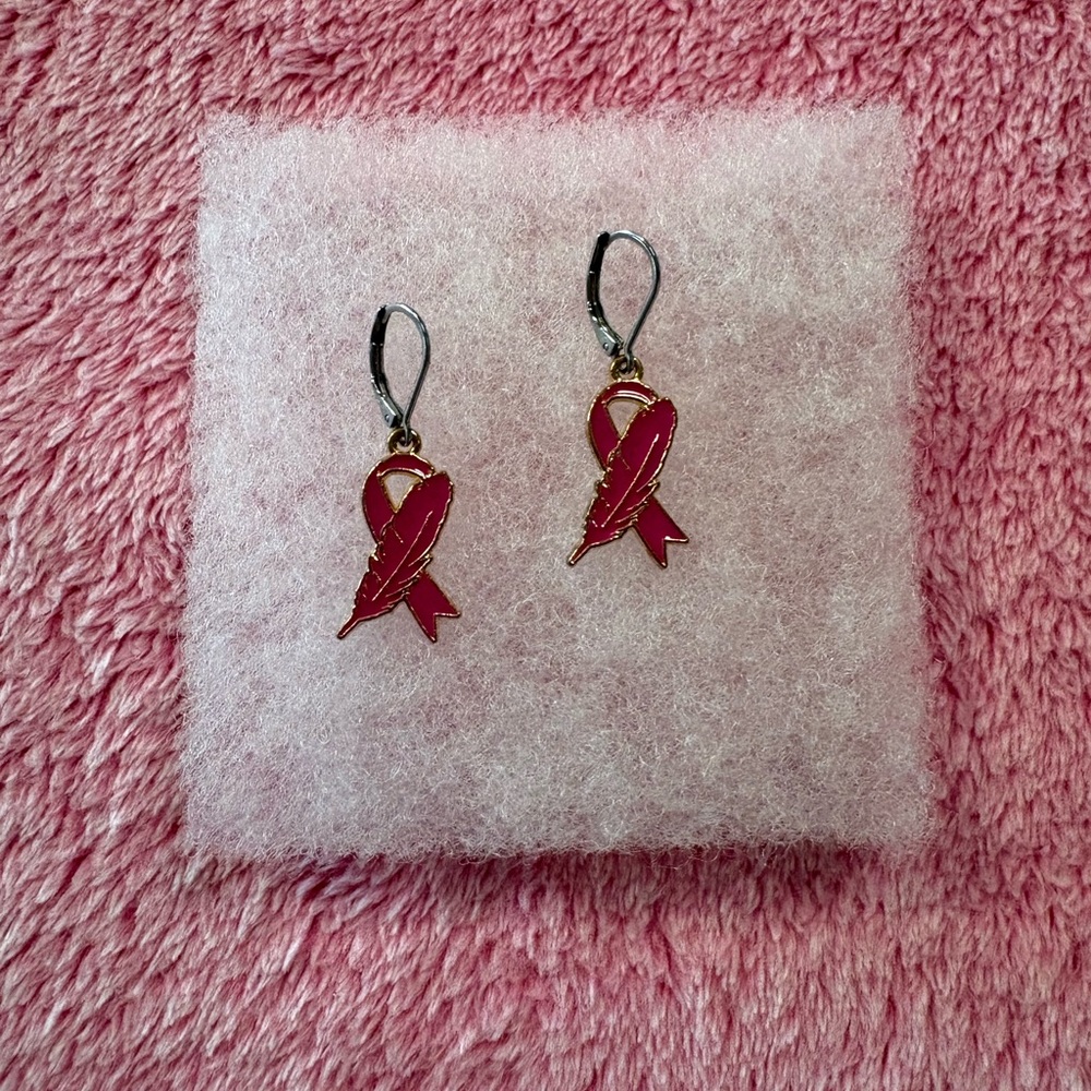 Breast Cancer Awareness Pink Ribbon Feather Earrings